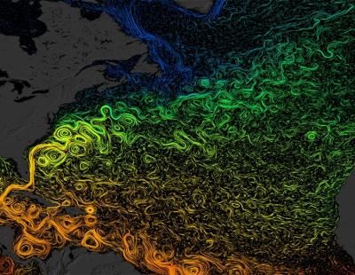 Visualización de las corrientes oceánicas en el Atlántico Norte. Los colores muestran la temperatura de la superficie del mar. Naranja y amarillo son más cálidos, verde y azul son más fríos (NASA Goddard Space Flight Center)