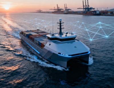 Imagen conceptualización futuristas de un barco autónomo, junto al puerto