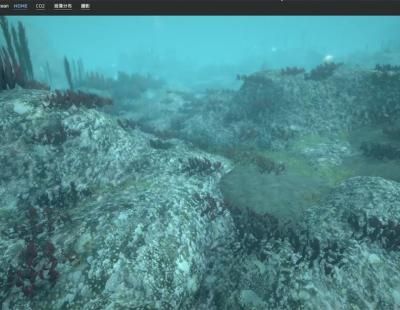 Visualización 3D del fondo marino reconstruido por el gemelo digital oceánico de Fujitsu, con distribución de algas.