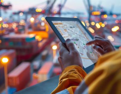 Operario portuario con chaleco amarillo consulta en una tablet un plano digital de la terminal; al fondo, grúas pórtico y contenedores apilados desenfocados al atardecer.