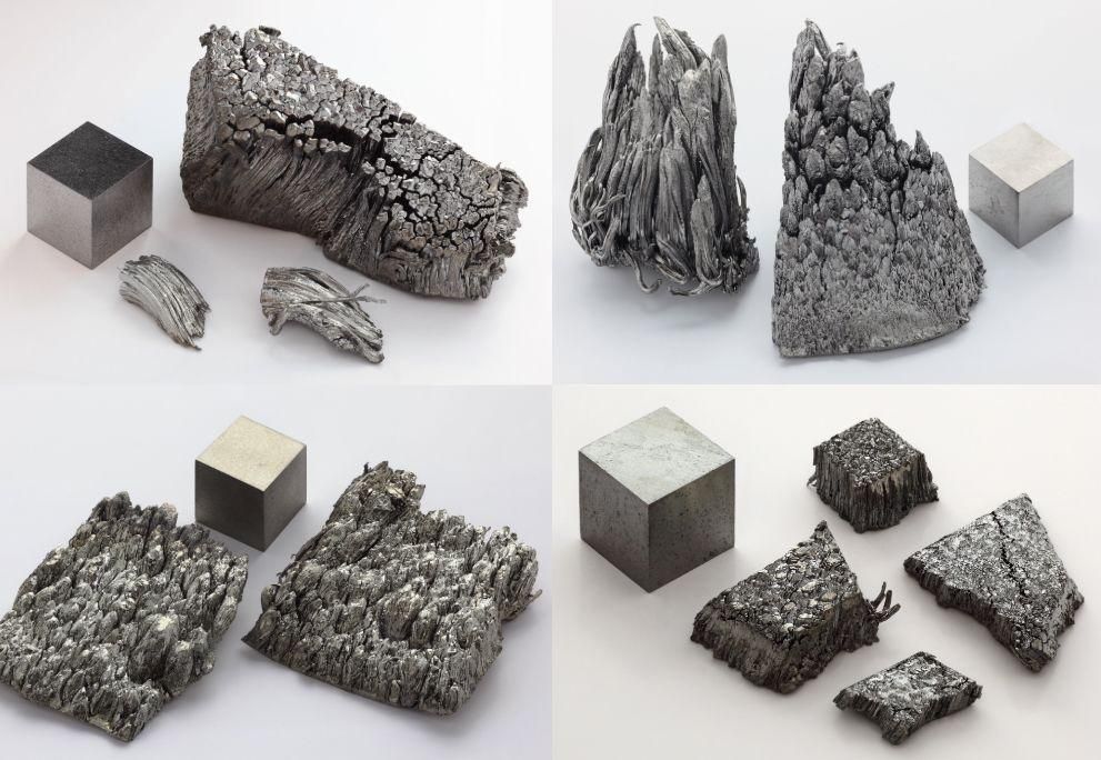 Exemples de quatre elements de les terres rares: Tuli, Itri, Escandi i Luteci, amb les seves diverses aplicacions industrials i tecnològiques