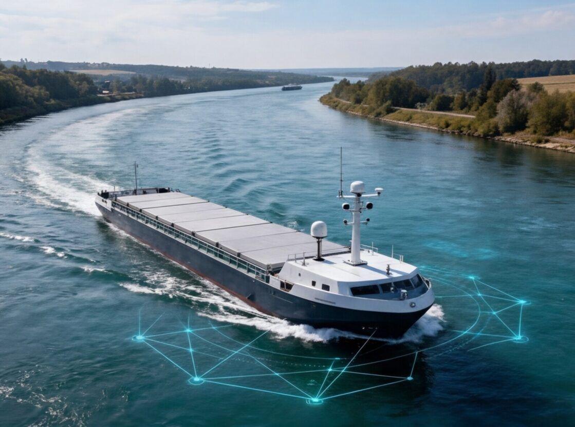 Render realista de una barcaza autónoma navegando por un río de la Europa central.
