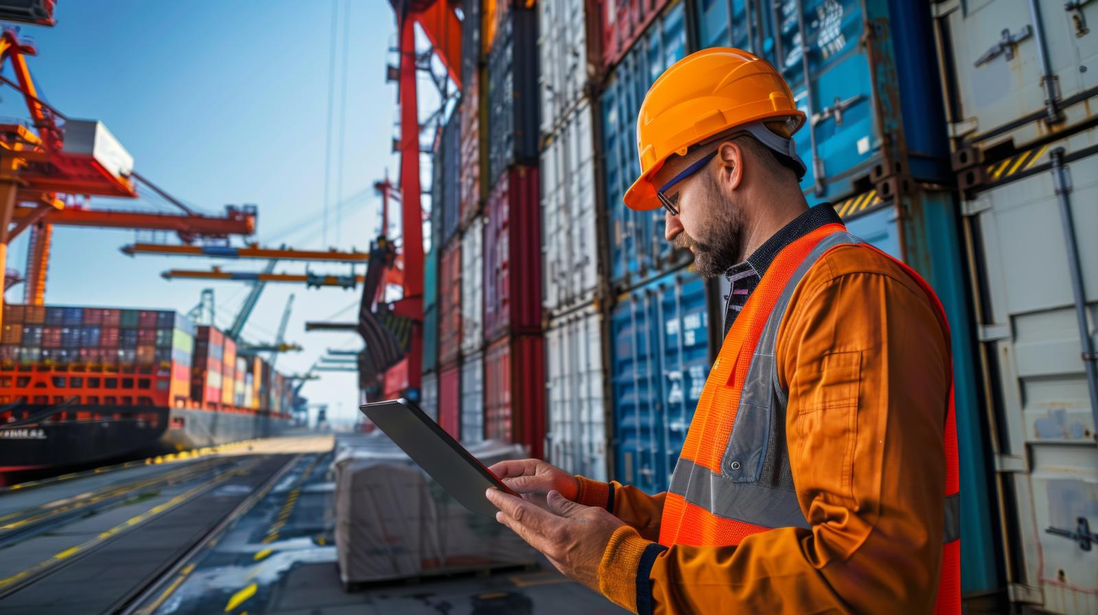Trabajador portuario con casco naranja y chaleco reflectante consulta una tablet junto a una pila de contenedores, con grúas pórtico y un buque portacontenedores al fondo.