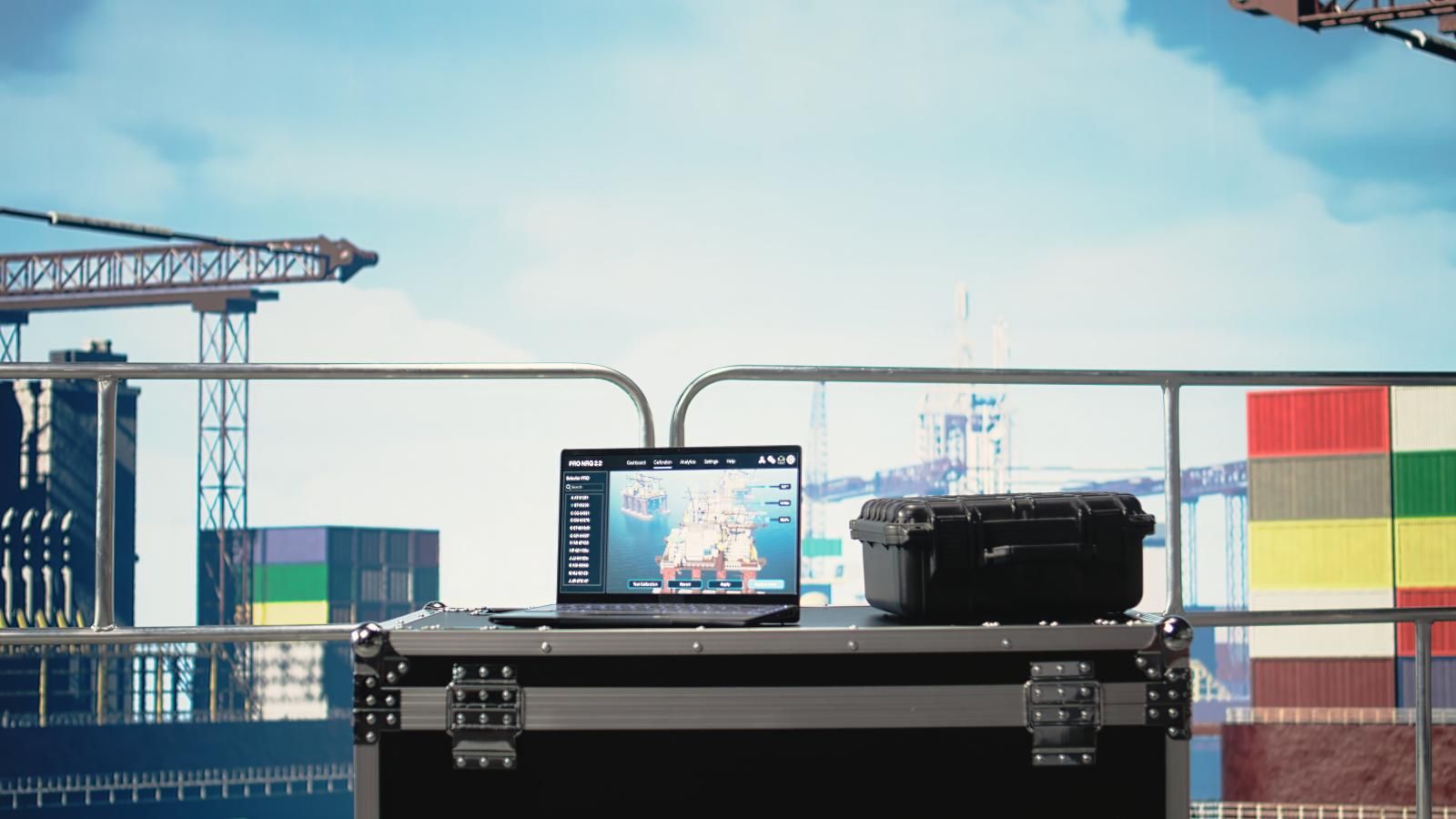 Portátil sobre una caja de transporte con un software de monitorización en pantalla que muestra el modelo digital de una plataforma marina; al fondo, desenfocados, contenedores y grúas de una terminal portuaria.