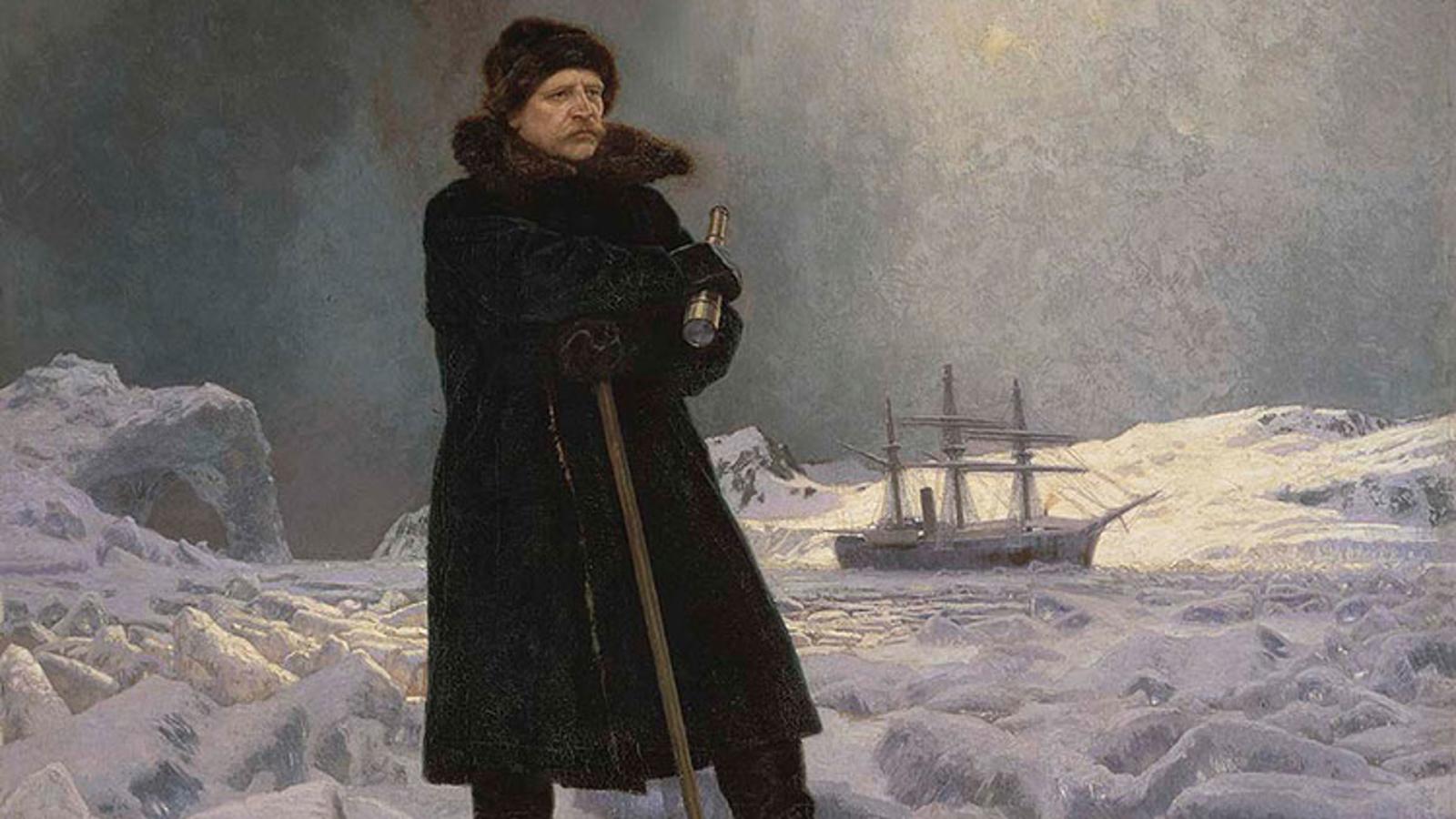 Oil portrait of Adolf Erik Nordenskiöld, in a fur coat and hat and holding a spyglass, standing on a field of broken ice; behind him, a steam sailing vessel held fast in the pack ice.
