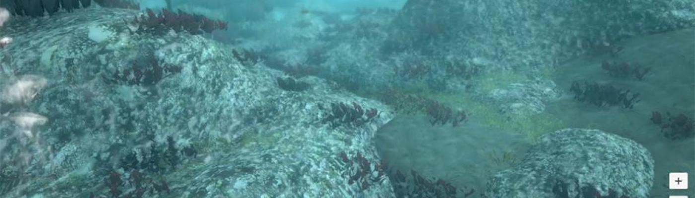 Visualización 3D del fondo marino reconstruido por el gemelo digital oceánico de Fujitsu, con distribución de algas.