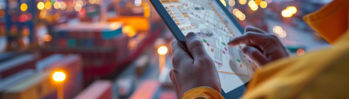 Operario portuario con chaleco amarillo consulta en una tablet un plano digital de la terminal; al fondo, grúas pórtico y contenedores apilados desenfocados al atardecer.