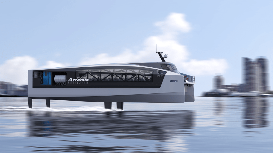 Proyecto de Artemis Technologies y Delta Marine para la fabricación de un transbordador 100% eléctrico con capacidad para 150 pasajeros, que utiliza hidrofoils y alcanza una velocidad máxima de 36 nudos. Operarán en el estrecho de Puget, en el estado de Washington (EE. UU.) (Artemis Technologies)