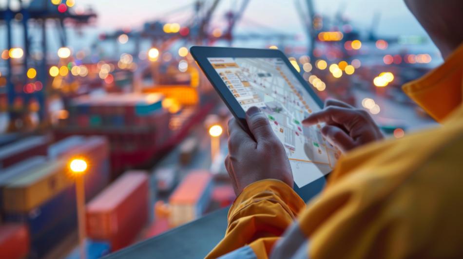 Operario portuario con chaleco amarillo consulta en una tablet un plano digital de la terminal; al fondo, grúas pórtico y contenedores apilados desenfocados al atardecer.