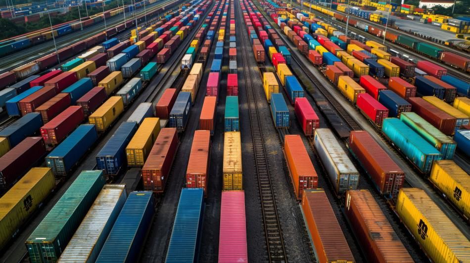Vista aèria d'una terminal ferroviària de mercaderies amb desenes de contenidors de colors carregats en vagons, alineats en vies paral·leles.