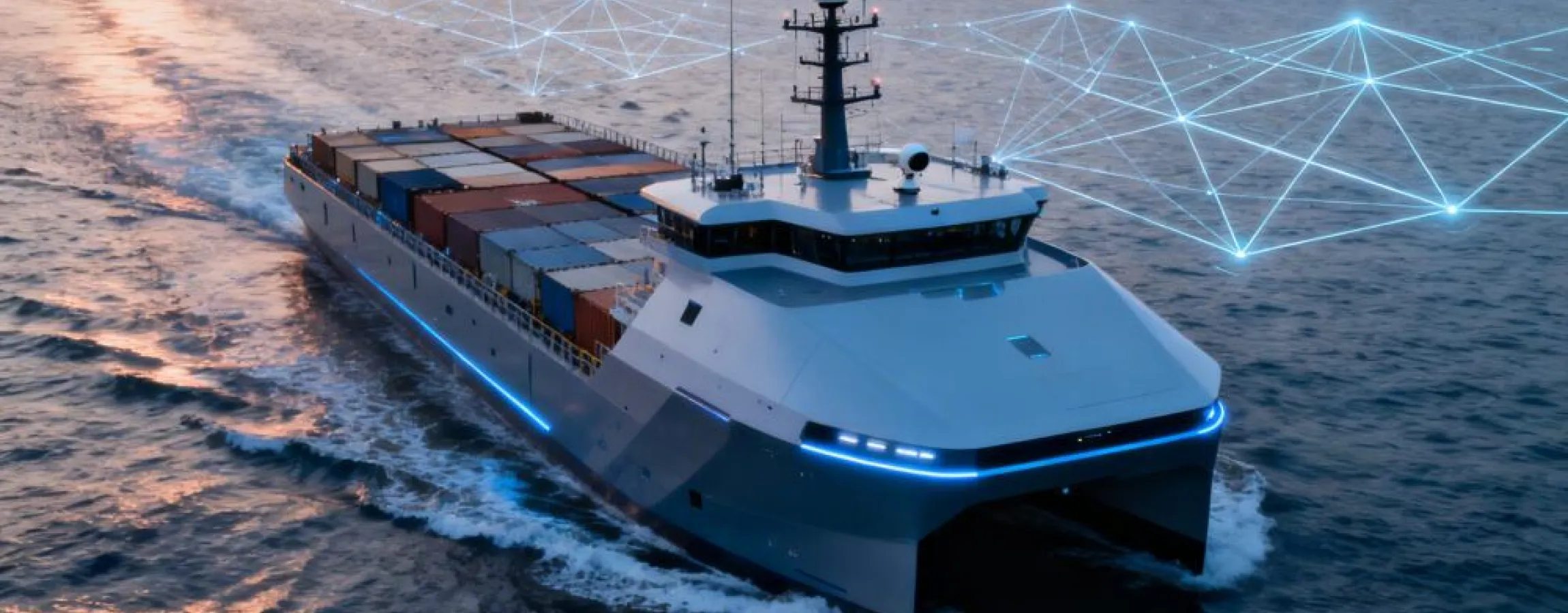 Imagen conceptualización futuristas de un barco autónomo, junto al puerto