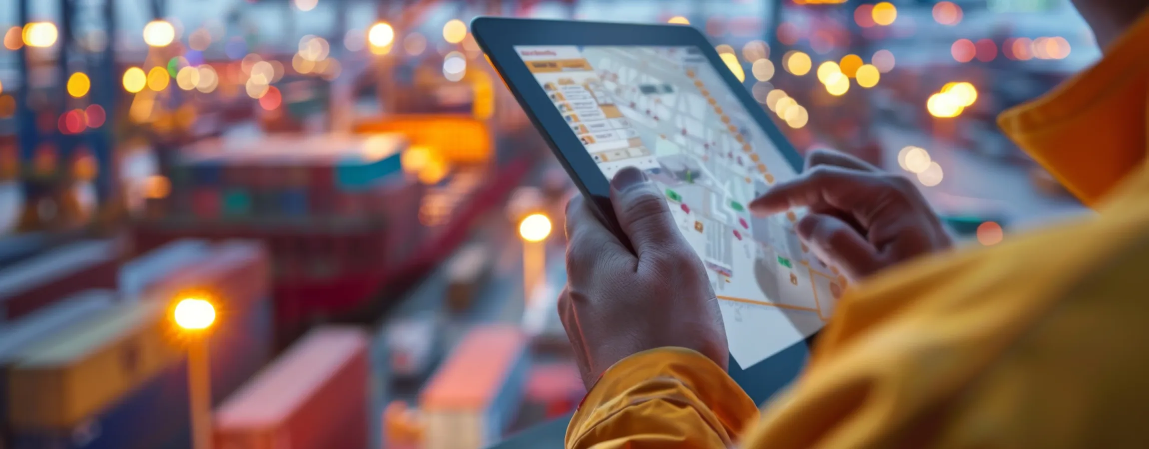 Operario portuario con chaleco amarillo consulta en una tablet un plano digital de la terminal; al fondo, grúas pórtico y contenedores apilados desenfocados al atardecer.