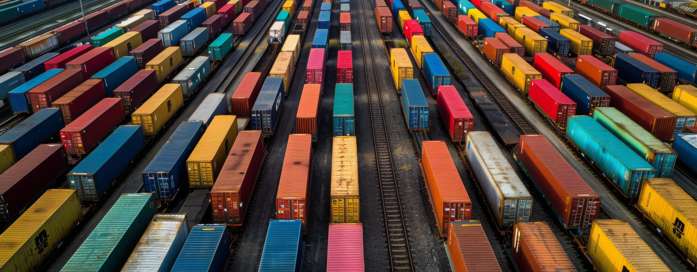 Vista aérea de una terminal ferroviaria de mercancías con decenas de contenedores de colores cargados en vagones, alineados en vías paralelas.