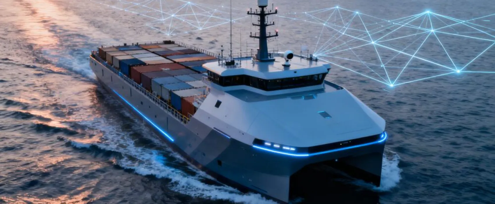 Imagen conceptualización futuristas de un barco autónomo, junto al puerto