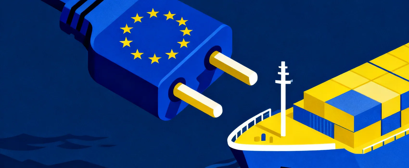 Un enchufe eléctrico con la bandera de la Unión Europea a punto de conectarse a la proa de un buque portacontenedores, ilustrando la electrificación de la navegación marítima europea.
