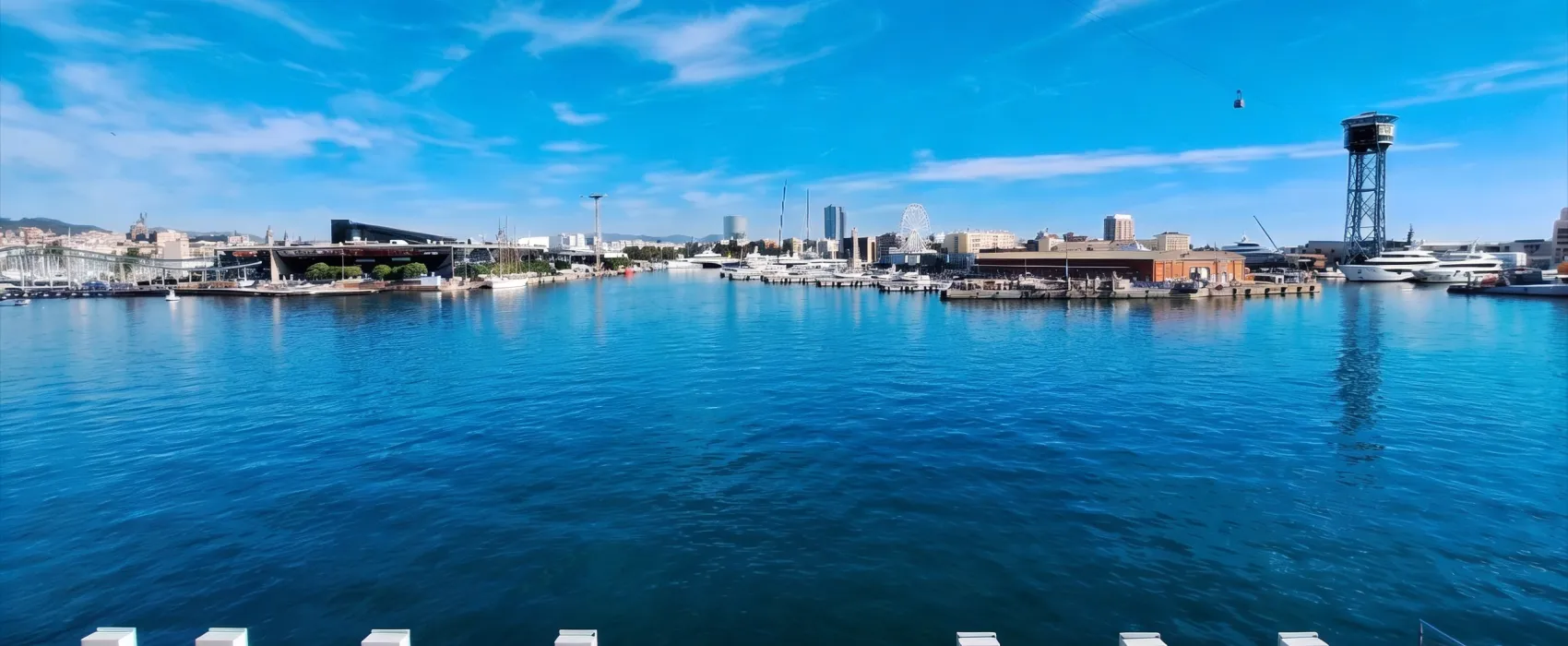 Vista panoràmica del Port Vell de Barcelona, amb el Maremàgnum i la torre del telefèric al fons
