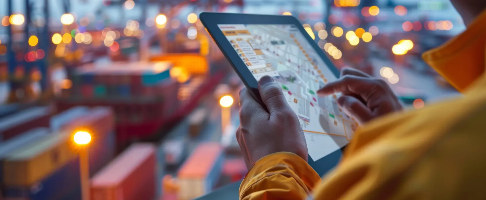 Operario portuario con chaleco amarillo consulta en una tablet un plano digital de la terminal; al fondo, grúas pórtico y contenedores apilados desenfocados al atardecer.