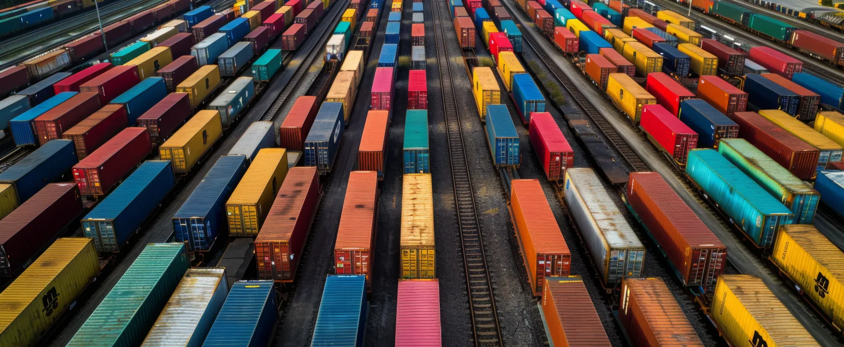Vista aérea de una terminal ferroviaria de mercancías con decenas de contenedores de colores cargados en vagones, alineados en vías paralelas.