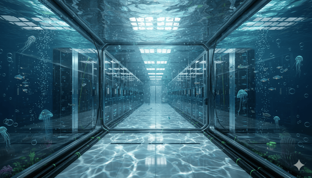 Representación artística del interior de un centro de datos submarino con pasillos de servidores rodeados de agua marina, luz natural filtrada desde la superficie, y vida marina como medusas y peces nadando alrededor de la estructura transparente.
