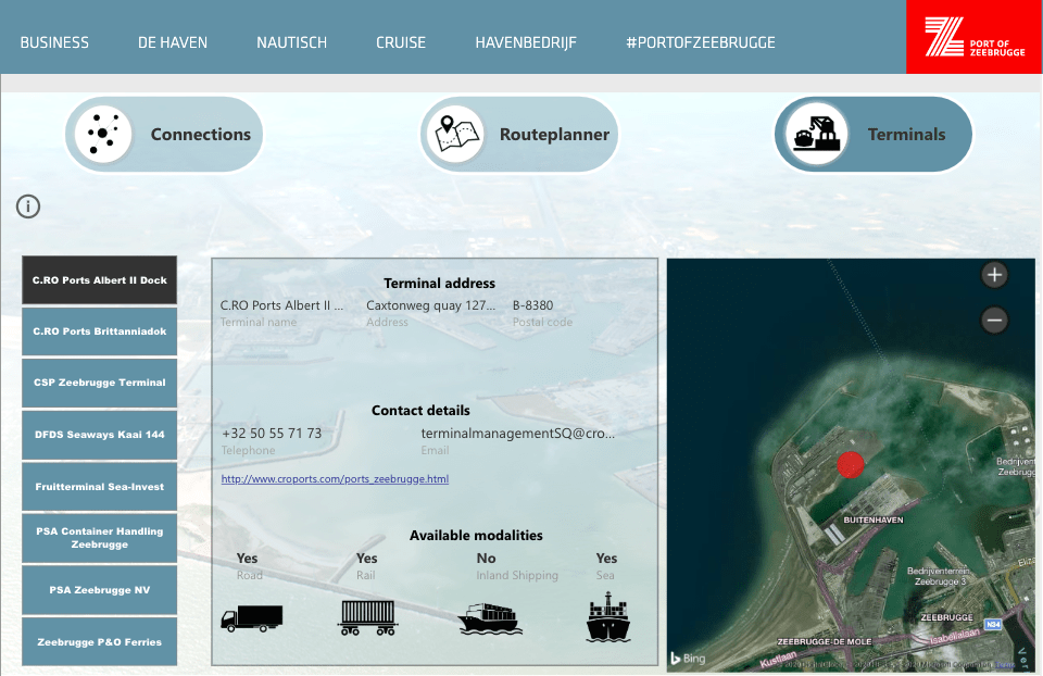 El planificador determina la ruta óptima de entre 16.000 conexiones directas con terminales ofrecidas por 150 proveedores. (Imagen del puerto de Zeebrugge)