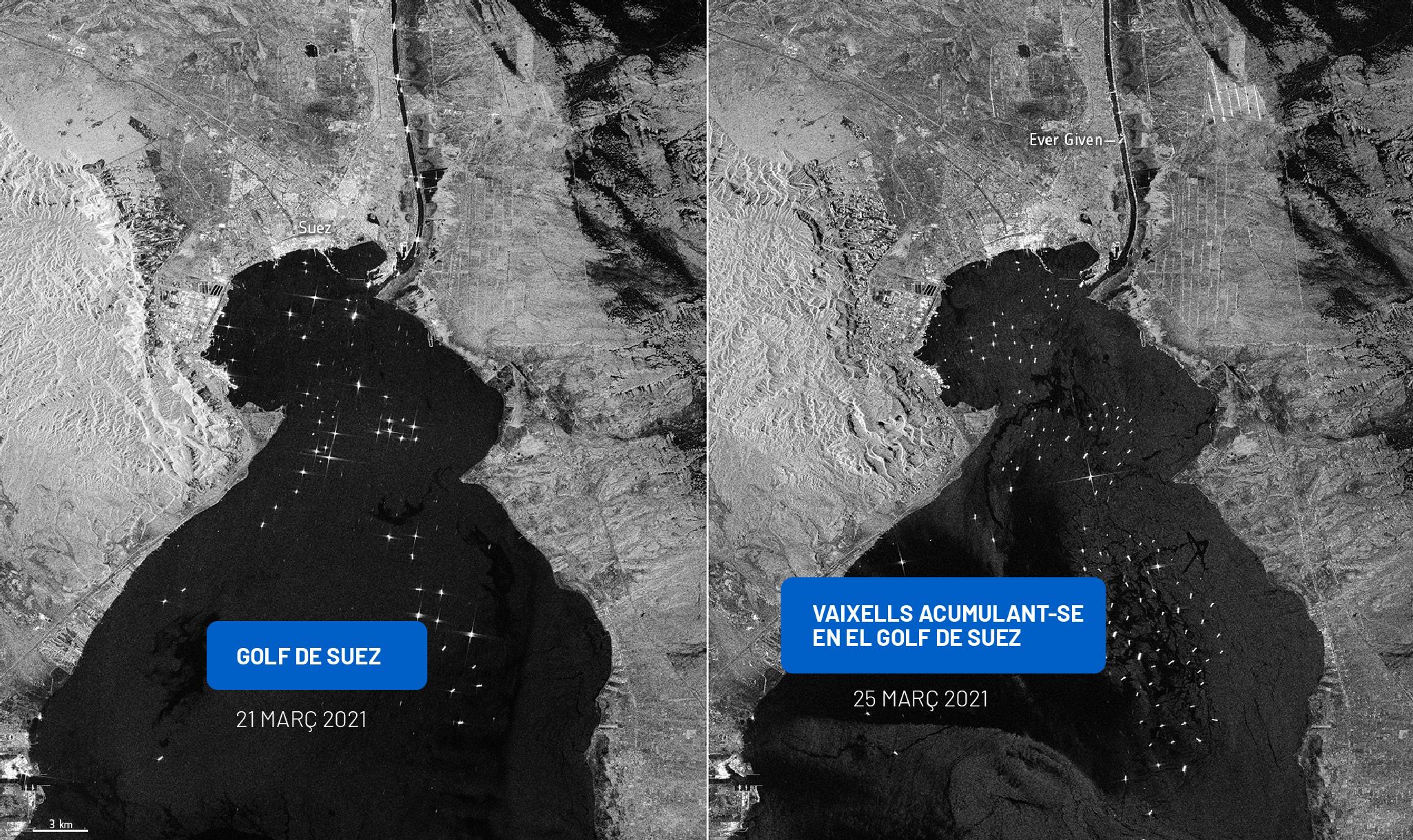 El bloqueix del Canal de Suez va durar sis dies i va afectar a més de 200 embarcacions. (ESA)