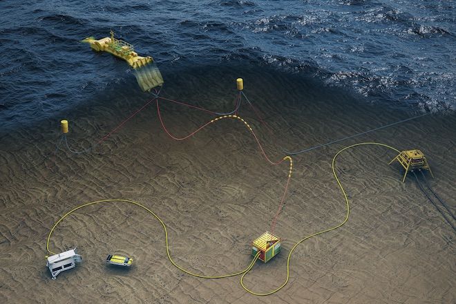 Mocean Energy develops articulated rafts capable of absorbing wave energy and transforming it into electricity to power nearby equipment. (Mocean Energy)