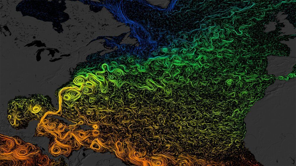 Visualització dels corrents oceànics a l'Atlàntic Nord. Els colors mostren la temperatura de la superfície de la mar. Taronja i groc són més càlids, verd i blau són més freds (NASA Goddard Space Flight Center)
