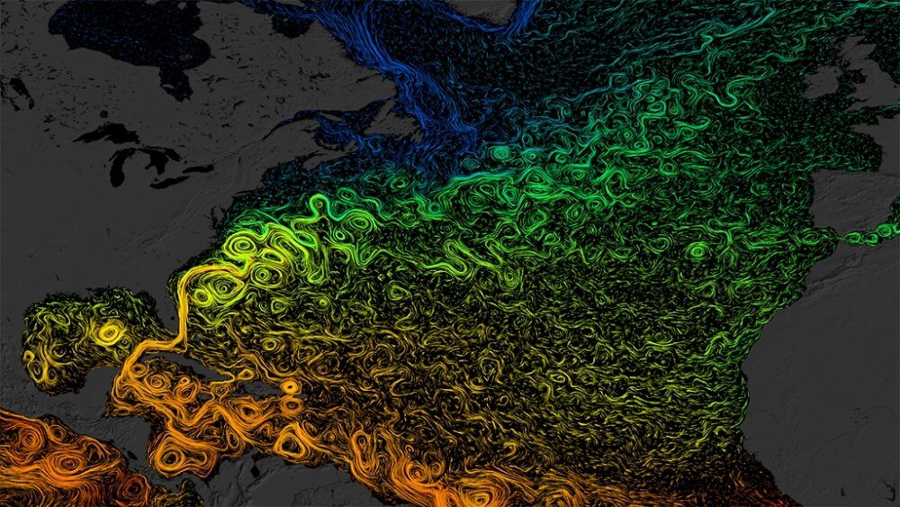 Visualización de las corrientes oceánicas en el Atlántico Norte. Los colores muestran la temperatura de la superficie del mar. Naranja y amarillo son más cálidos, verde y azul son más fríos (NASA Goddard Space Flight Center)