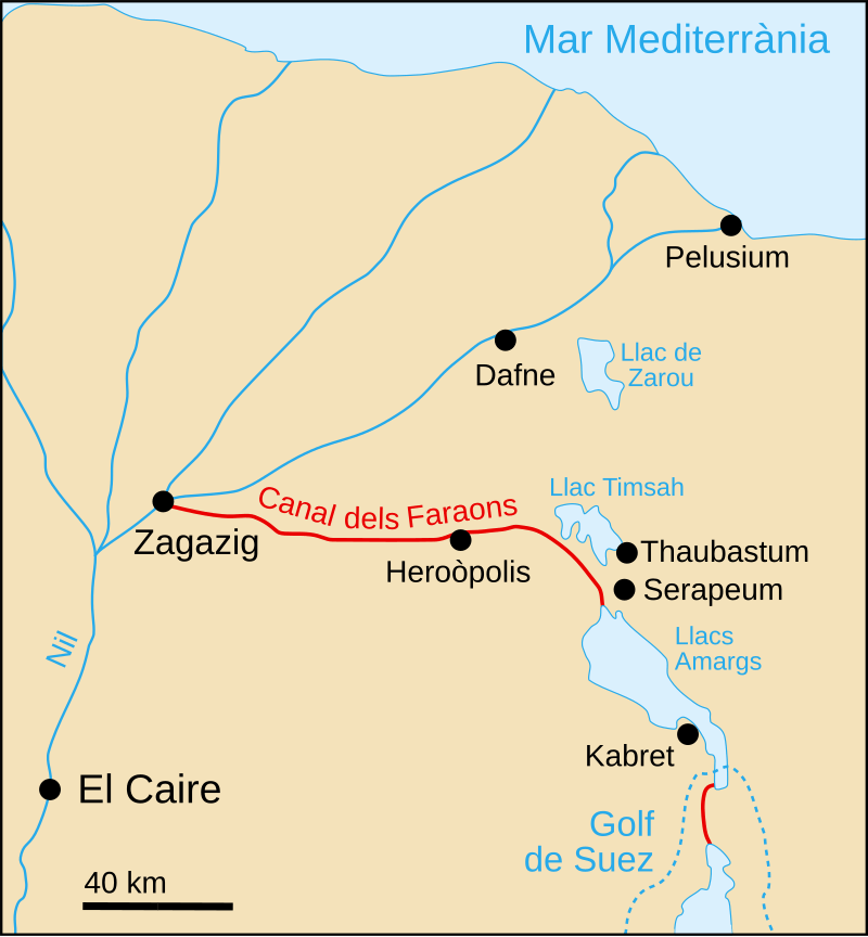 Traçat del Canal dels Faraons, que es creu usava els ja existents 'uadis', el nom àrab per a lleres seques que transporten aigua només durant les temporades de pluges (CC).