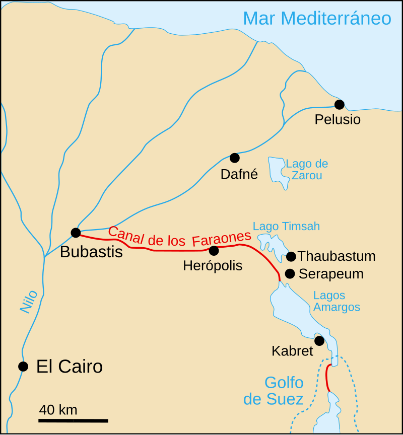 Trazado del Canal de los Faraones, que se cree usaba los ya existentes 'uadis', el nombre árabe para cauces secos que transportan agua solo durante las temporadas de lluvias (CC).