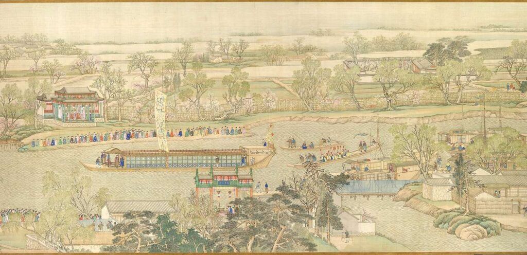 Eighteenth-century engraving of the Grand Canal of China with a ceremonial ship plying its waters. Metropolitan Museum, New York (CC).