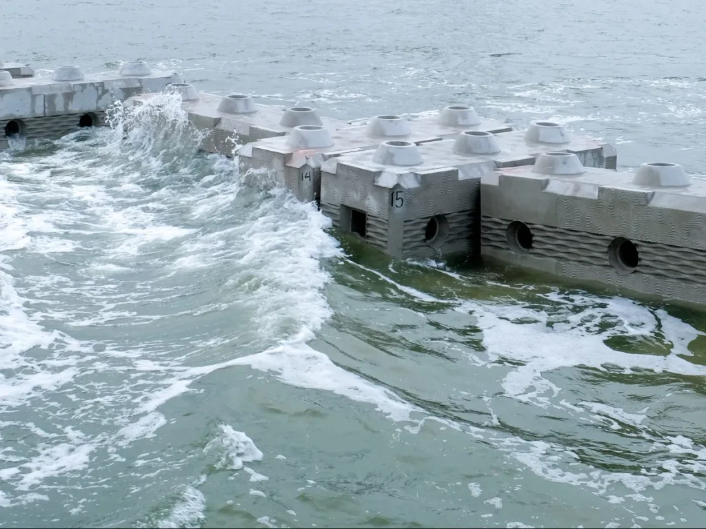 Pilot in Rotterdam port of Reefy's solution, sustainable concrete blocks that form a stable structure that breaks the waves and creates an underwater labyrinth where fish and other species can shelter and reproduce (Reefy).