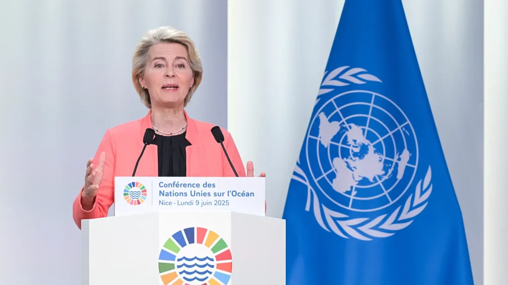 La presidenta de la Comisión Europea, Ursula von der Leyen, presentó el Pacto Europeo por los Océanos en la conferencia de la ONU. (EU).
