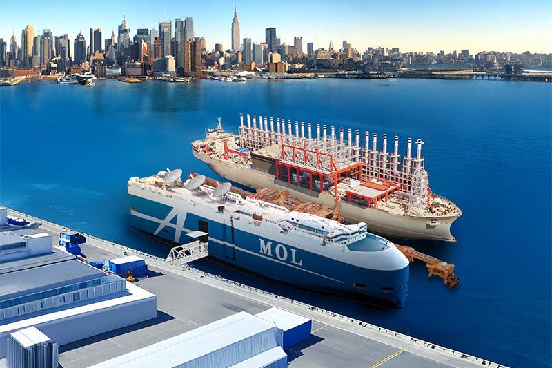 Digital representation of the MOL and Kinetics floating data center project, showing two vessels: one for the data center and another for renewable energy generation, docked at a port (MOL).