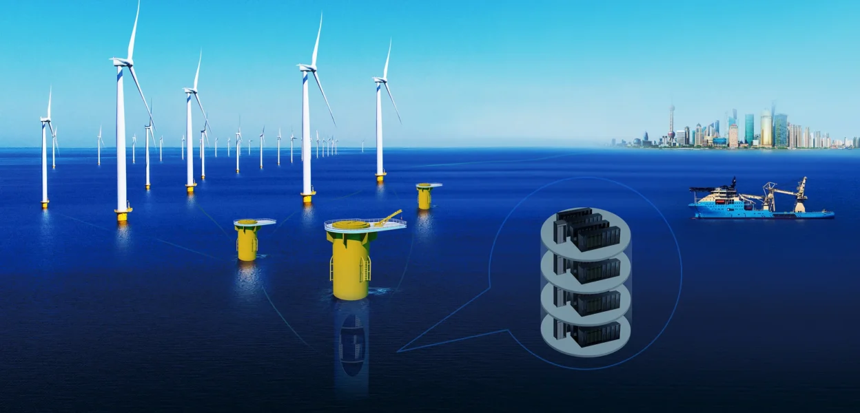 Concept of the submarine data center project by Chinese company HiCloud on the coasts of Lingshui (Hainan) and Shanghai. The submarine modules are powered by offshore wind energy, achieving a 30 to 40% reduction in energy consumption compared to land-based installations, while leveraging the ocean's natural cooling (Shanghai Hailanyun Technology).