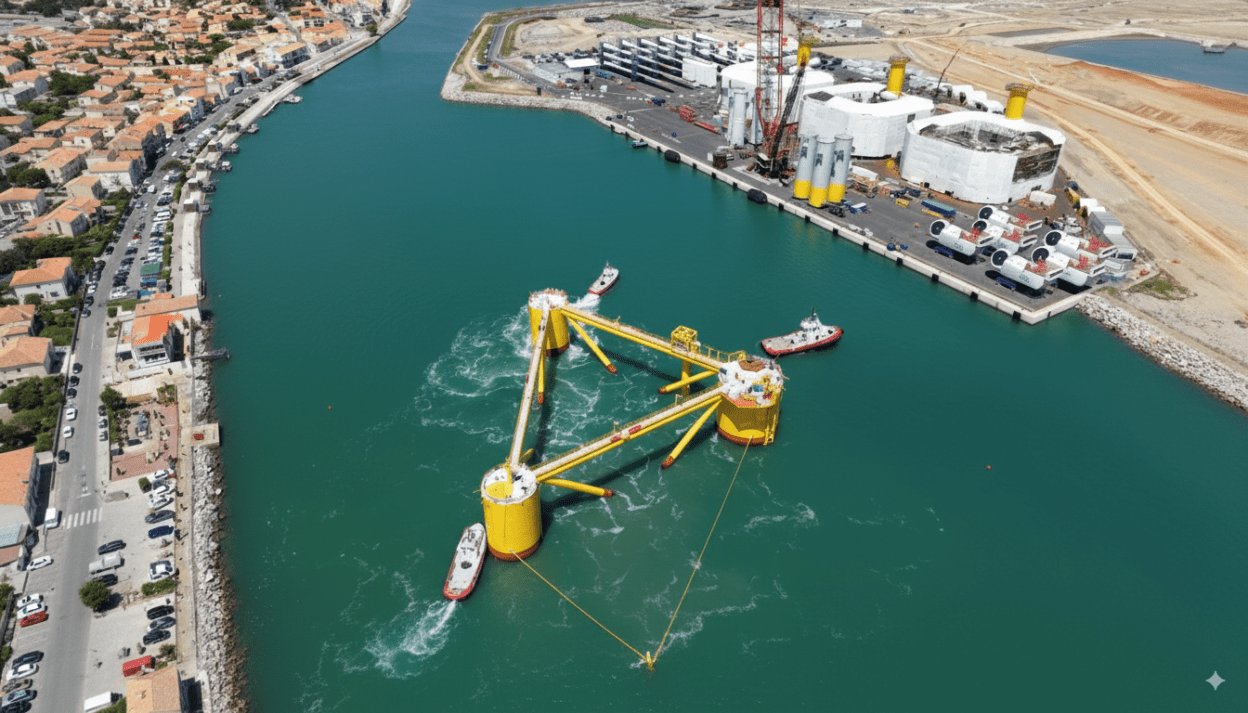 Instal·lació eòlica 'offshore' Éoliennes Flottantes du Golfe du Lion, que incorpora estructures submarines per a fauna marina (Ocean Winds).