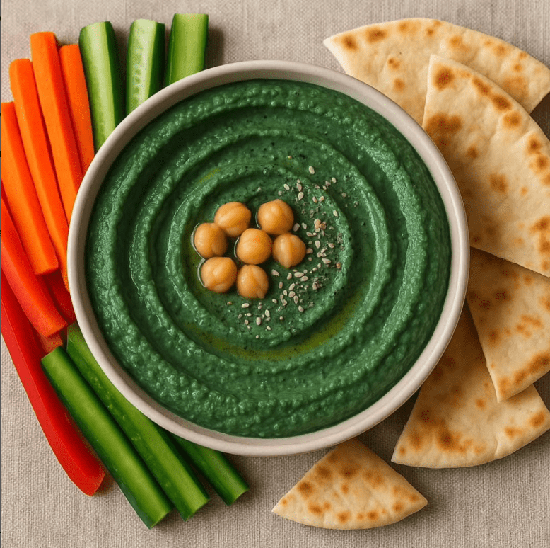 Recepta d'hummus verd enriquit amb espirulina d'algues, una de les aplicacions culinàries de microalgues en alimentació que es pot preparar gràcies als productes de l'empresa catalana Microalgae Lab (Microalgae Lab).