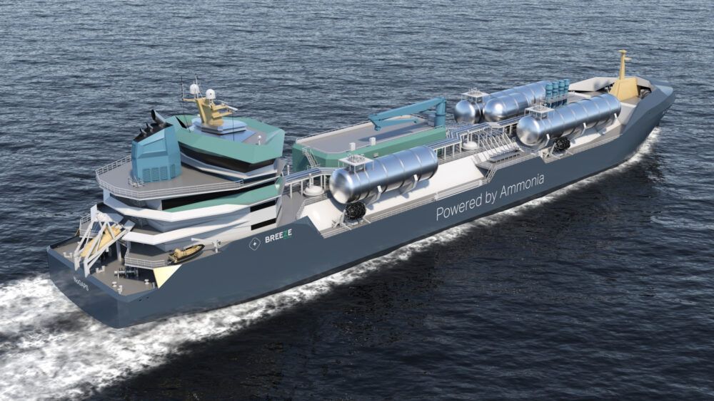 Render del projecte M/V NoGAPS, vaixell propulsat per amoníac, desenvolupat pel projecte Nordic Green Ammonia Powered Ships (NoGAPS) amb BW Epic Kosan, DNV i altres socis. El projecte Nordic Green Ammonia Powered Ships (NoGAPS) té com a objectiu obrir el camí per als vaixells propulsats per amoníac, primer a la regió nòrdica i, posteriorment, a nivell mundial. (NoGAPS)