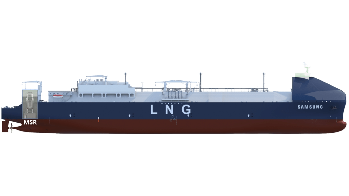 Diseño conceptual de buque transportador de GNL con propulsión nuclear por reactor modular pequeño (SMR), desarrollado conjuntamente por Samsung Heavy Industries y Korea Atomic Energy Research Institute, aprobado por American Bureau of Shipping en 2025 (KAERI).