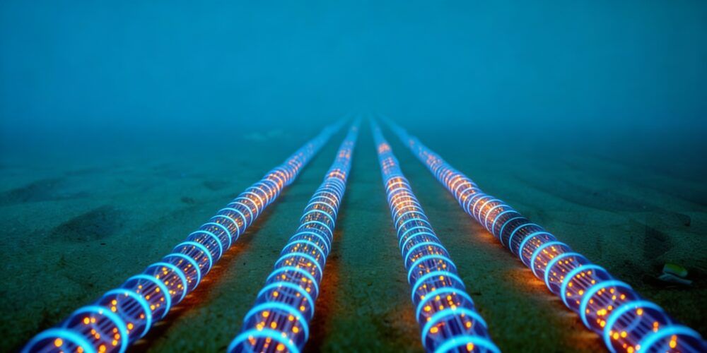 Representación conceptual de cómo los cables submarinos de fibra óptica funcionan como miles de sensores distribuidos. Cada punto luminoso simboliza un sensor virtual capaz de detectar vibraciones sísmicas, cambios de temperatura y actividad marina (PierNext).