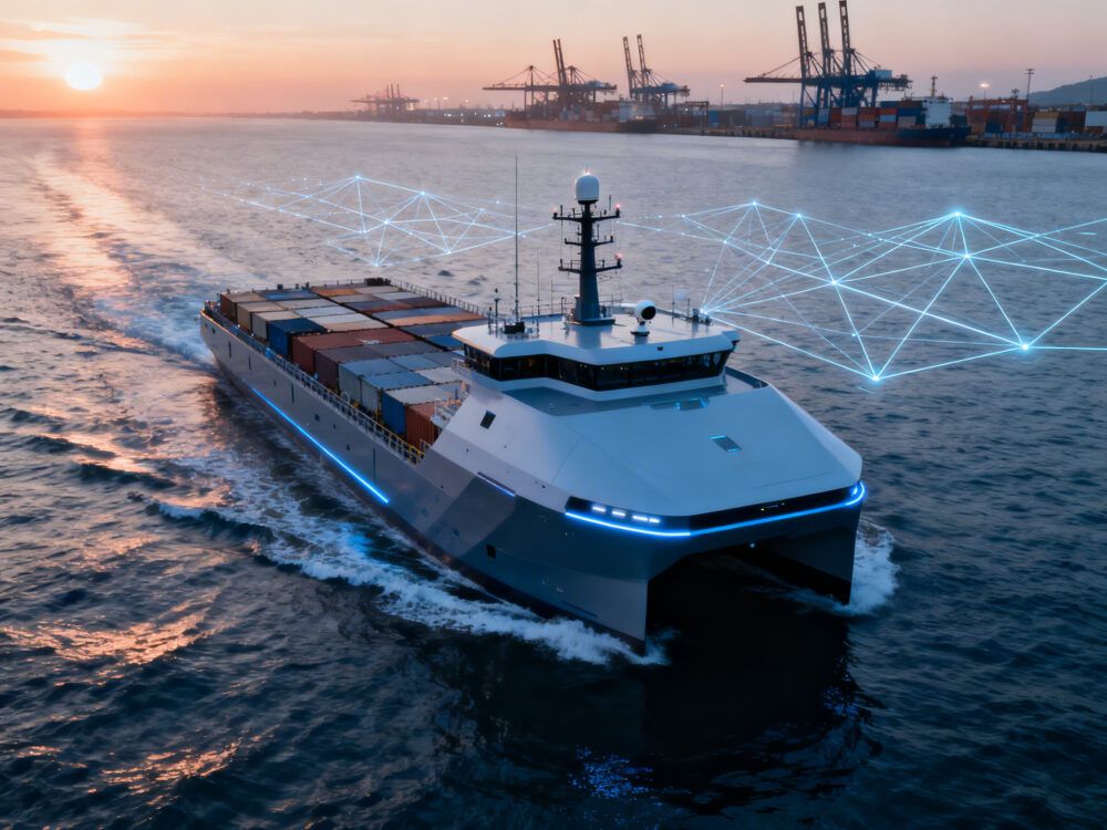 Imagen conceptual de un buque de carga autónomo con sistemas de conectividad avanzada navega frente a infraestructura portuaria: la imagen que proyectan proyectos como SEAMLESS para el futuro del 'short sea shipping europeo' y la navegación fluvial. (PierNext/IA)