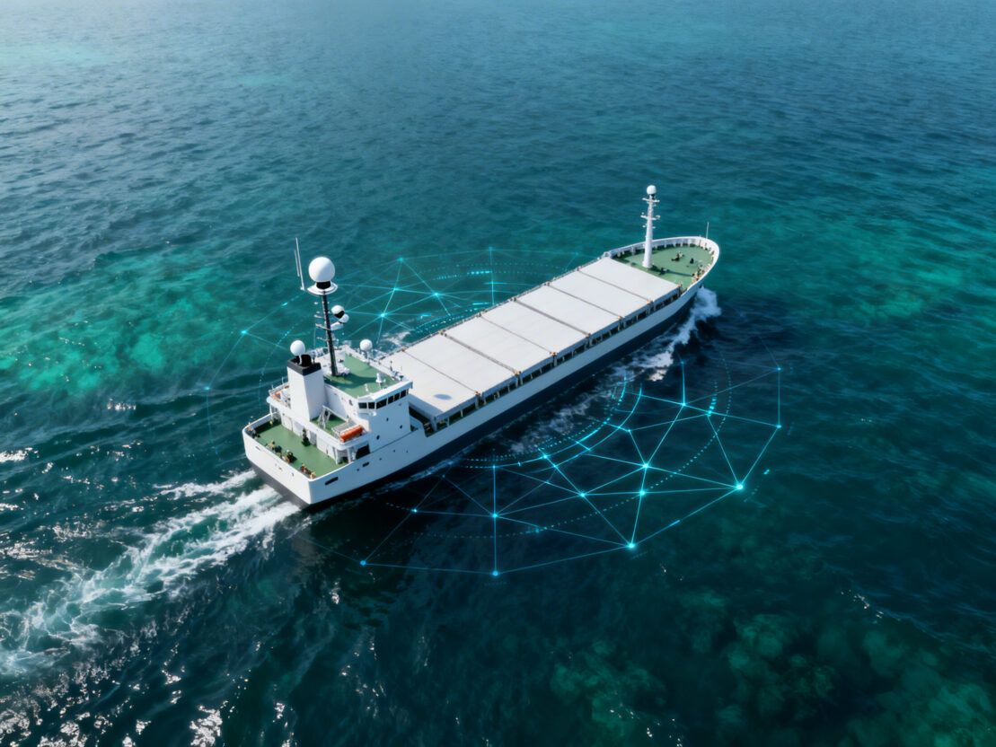 Imatge de concepte d'un vaixell de càrrega autònom equipat amb sensors de navegació i sistemes de connectivitat que avança per mar obert: la imatge que projecten projectes com SEAMLESS per al futur del short sea shipping europeu (PierNext/IA)